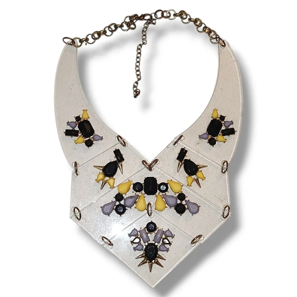 Stradivarius Clear Lucite Bib‎ Statement Necklace Black Yellow Lavender VTG